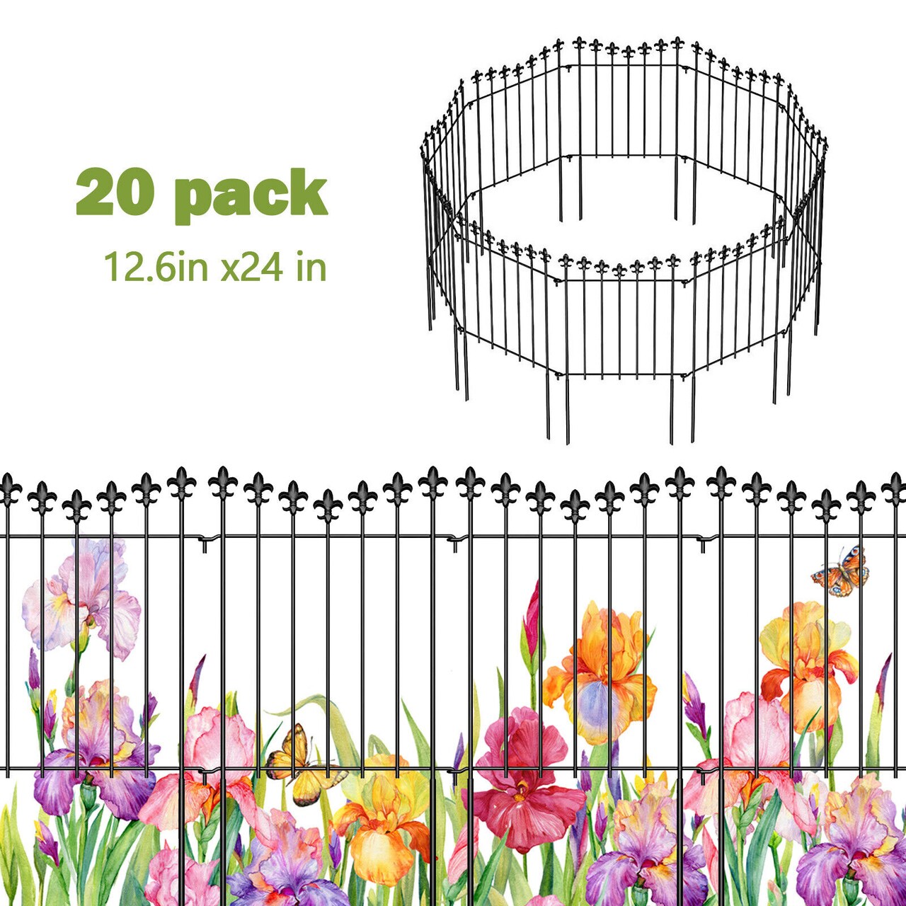 20 Pack Decorative Garden Fence Panels - 24in H, 20ft L Rustproof Animal Barrier for Dogs, Vinyl-Coated Metal Outdoor Border (Interlocking Design, Easy Install)